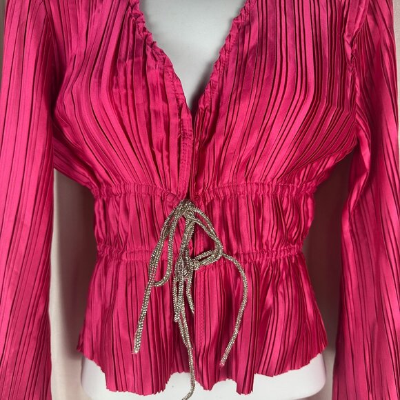 Blue b Collection Hot Pink Pleated Long Sleeve Top With Drawstring Waist Size S - Picture 2 of 8